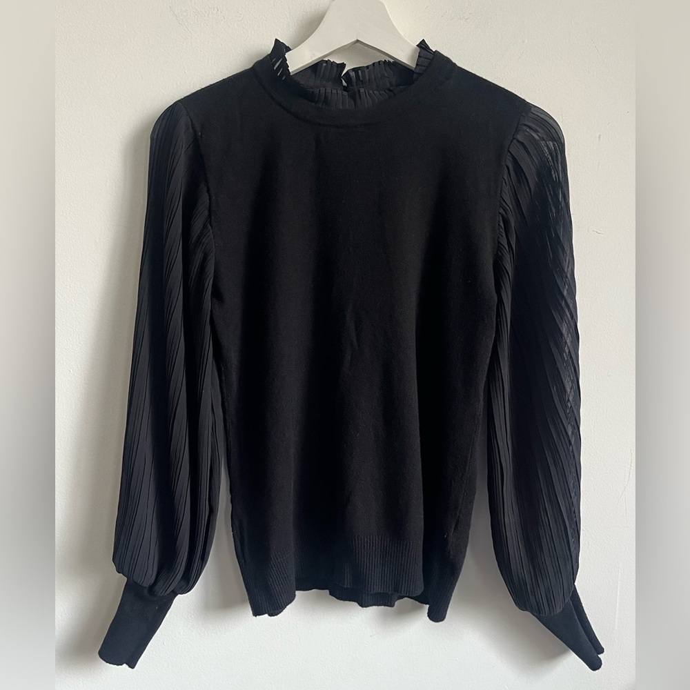 SIONI Sweater Women S Black Ruffled Neck Lace Trim Sheer Balloon Sleeve Goth